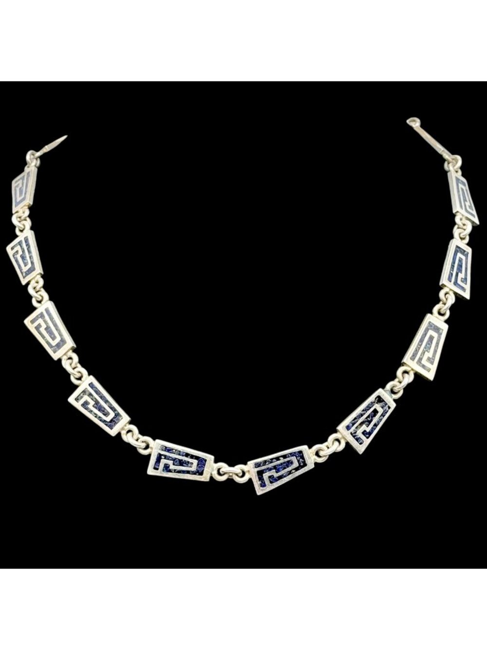 Vintage Sterling Silver and Lapis Lazuli Necklace Geometric Panel Aztec 18" 52g